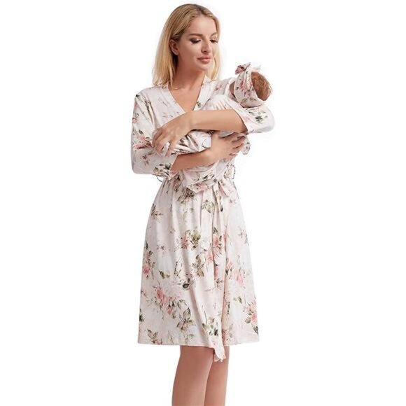 Maternity Robe and Baby Receiving Blanket Matching Set Vintage Rose